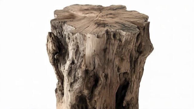 Close-up of a rough weathered tree stump with visible rings and textured bark against a plain white background, natural wood design element