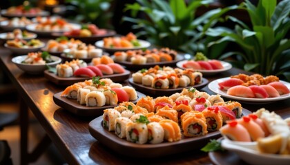Sushi platter presentation gourmet restaurant food display indoor setting close-up view culinary art