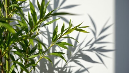 Bamboo plant silhouette casting shadows on wall indoor space nature photography minimalist environment close-up view