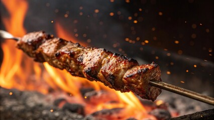 Close-up shot of multiple grilled skewers resting on a heavy-duty grill grate above a roaring fire, showcasing the delicious char and readiness of the barbecue meal.
