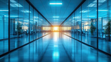 Modern Office Corridor with Glass Walls and Bright Sunset Glow