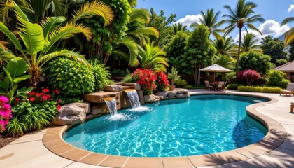 Fototapeta premium Relaxing poolside oasis with waterfalls tropical garden setting outdoor lifestyle serene atmosphere