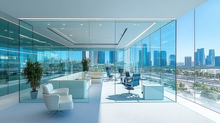 Modern Office Interior with Panoramic City View and Glass Walls