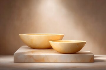 Two golden bowls on a marble pedestal under spotlight