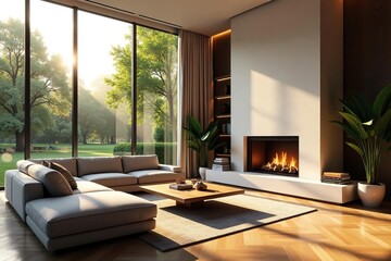 Sunlit luxury living room with fireplace, expansive windows, and modern decor , elegant, windows, structure