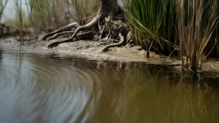 View of muddy shoreline and water grasses beside shallow water and exposed tree roots near the sandy beach - Powered by Adobe