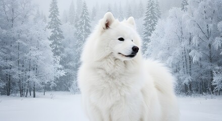 Obraz premium Majestic White Dog in a Snowy Winter Forest A Breathtaking Winter Wonderland Scene