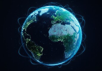 Earth globe with glowing cities and network lines on a dark background view