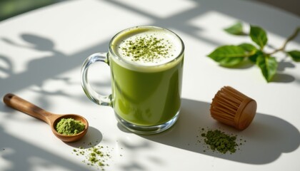 Preparing matcha latte home kitchen beverage photography natural light close-up view healthy lifestyle