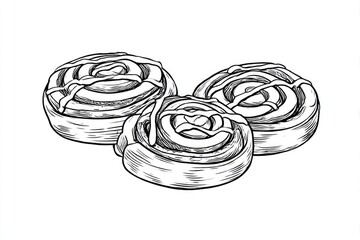 Cinnamon Swirl Rolls Sketch Sweet Indulgence on White.