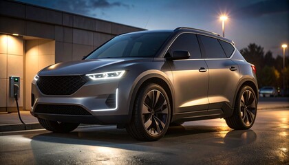 Fototapeta premium Electric SUV parked at charge station in night city