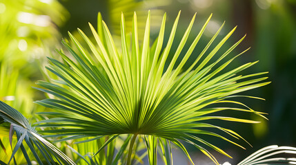 Tropical nature's bright green palm leaf close-up shows an abstract pattern of lines and textures