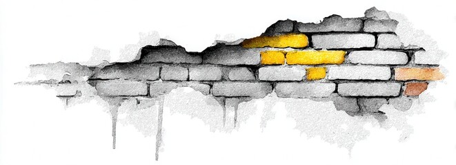 Watercolor Brick Wall, Torn, With Yellow