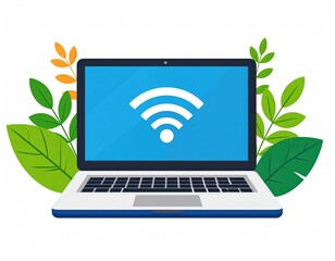 Laptop Wireless Connection: Vibrant Blue Screen with Green Leaves