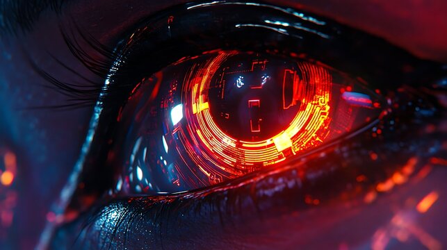 Close-up of a glowing red cybernetic eye with futuristic technology and circuit patterns in a sci-fi setting
