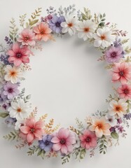Intricate watercolor petal design, floral wreath  White backdrop , flower, cards, pastel