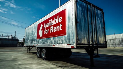 Empty semi trailer with "Available for Rent" sign parked in industrial area during sunset
