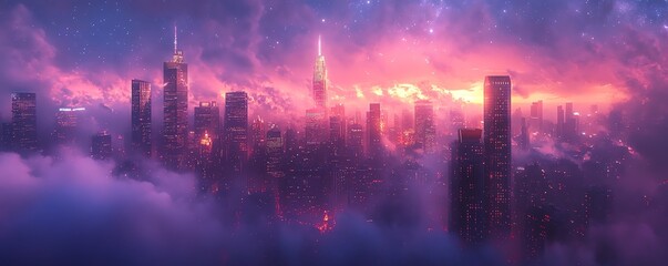 Fototapeta premium A stunning city skyline illuminated by city lights, set against a beautiful starry night sky, showcasing urban charm and serenity.