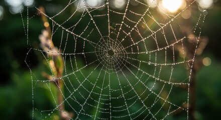 Fototapeta premium Dew-Covered Spiderweb at Sunrise