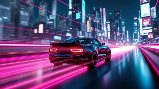 A sleek car speeding through a vibrant neon city at night, showcasing modern urban life with dynamic light trails.