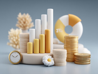 Clock next to stack of coins and life preserver representing economic stability and gdp impact on financial markets