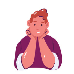 Thinking man with red hair in purple sweater, resting his chin on both hands and smiling, reflecting on idea. Cartoon doodle vector illustration of guy for education, websites, or creative projects.