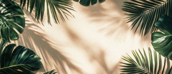 Sand on the beach framed by shadows of tropical leaves Copy space