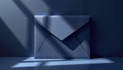 Indigo envelope with geometric shadows, against blue backdrop, with copy space