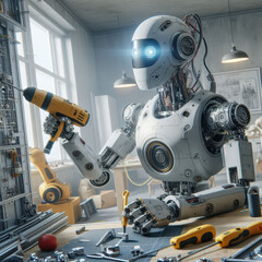 Fototapeta premium Robot technician working on machinery in a workshop during daylight