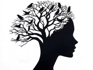Silhouette of a woman's profile with a tree and birds, showcasing nature and identity