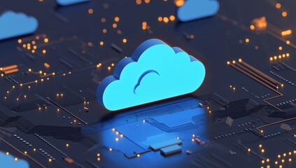 Modern cloud computing technology represented with illuminated cloud icons on a circuit board
