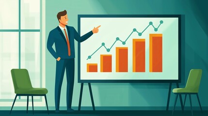 Business professional presenting growth data in meeting room with chart and modern decor