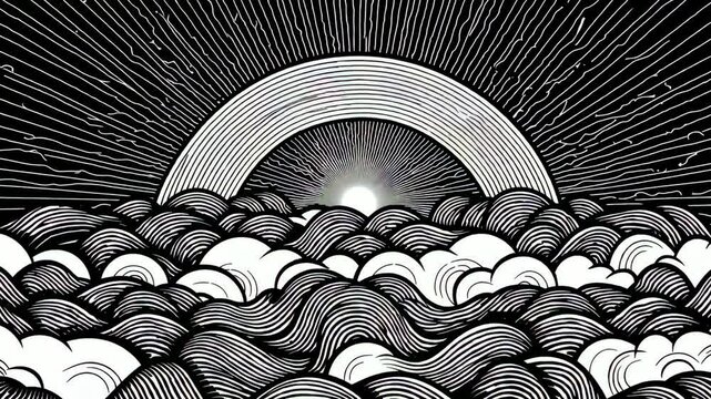 Hand-drawn black and white engraving of sun rising over ocean waves, vintage celestial illustration with abstract lines and stylized woodcut texture