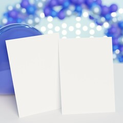Two White Blank Greeting Invitation Card Mockup for Birthday Invitation 5x7 on white table. Wedding Invitations Mockup with Copy Space. Blue Balloons with Blurred Background Lights. 3D Illustration.