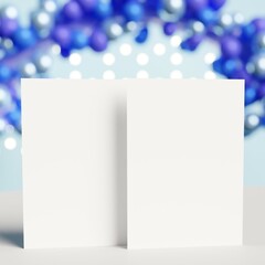Two White Blank Greeting Invitation Card Mockup for Birthday Invitation on white table. Wedding Invitations Mockup with Copy Space. Blue Balloons with Blurred Background Lights. 3D Illustration.