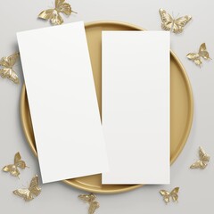 Two white blank menu card mockup for wedding celebration. Flatlay template of birthday menu card program mockup with copy space. Decorative golden plate and butterflies. 3D Illustration.