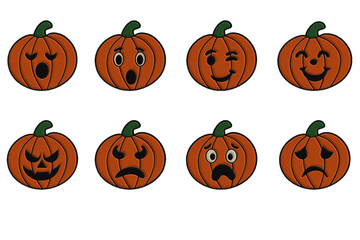 Cute embroidered-style Halloween pumpkins with expressive faces. Eight unique emotional expressions, perfect for seasonal digital design, kids themes, or creative projects