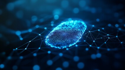 Digital representation of a fingerprint surrounded by a network of blue connections at night