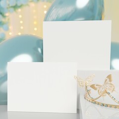 Landscape Wedding Invitations Mockup with Copy Space. Two White Blank Invitation Card Mockup for Birthday Invitation. Green Balloons, decorative crown tiara with Blurred Background Lights. 3D render.