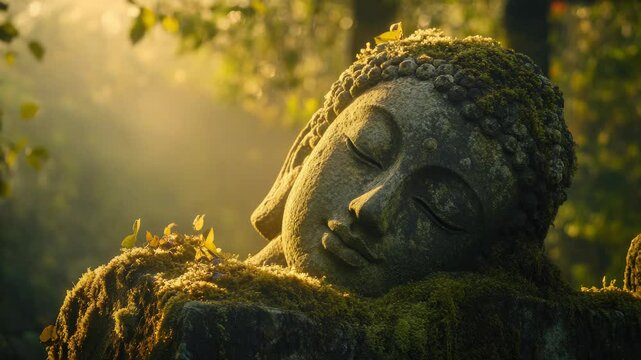 Peaceful slumber: Enchanting moss covered Buddha statue in sun dappled serenity