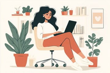 Woman working on laptop in cozy, plant-filled home office during daytime