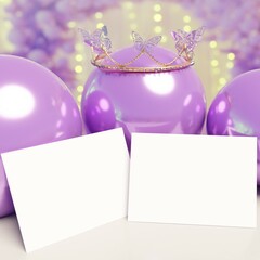 Two White Blank Invitation Card Mockup for Birthday Invitation. Landscape Wedding Invitations Mockup with Copy Space. Purple Balloons, decorative crown tiara with Blurred Background Lights. 3D render.