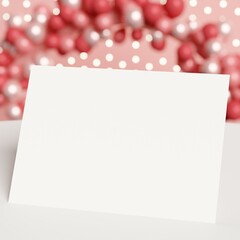 White blank Card Mockup for happy birthday Invitation. Landscape Wedding Invitations Mockup with Copy Space. Valentines day card template with party red Balloons in Blurred Background. 3D render.
