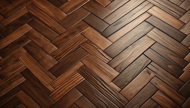A rich, dark herringbone pattern of stained wooden planks provides a warm, textured surface.