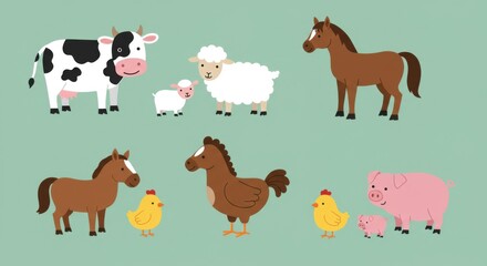 Obraz premium Adorable farm animals illustrated on a green background for children's educational use