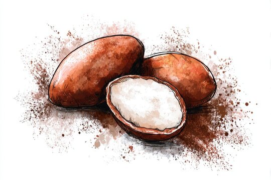 Sheabutter Illustration:  Closeup of Raw Shea Nuts,  Organic and Natural Beauty Product,  Hand-Drawn Watercolor Style