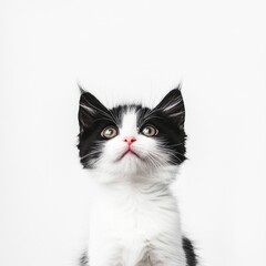 Fototapeta premium Close-up of a black and white kitten looking upwards. A curious, adorable feline against a plain white background