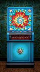 Floral pattern machine against a green tile background in an art deco style