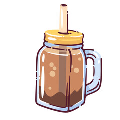 Cartoon iced coffee mason jar with yellow lid and straw, filled with iced coffee and bubbles. Cute doodle transparent mug , refreshing cold beverage in cartoon style, summer sticker. Vector
