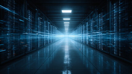 Server room data center hallway with blue light and reflections